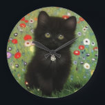 Gustav Klimt Kitten Large Clock<br><div class="desc">Clock featuring a Gustav Klimt kitten! This black kitty wears a silver collar and sits in a field of red,  blue,  white,  and yellow flowers. A wonderful gift for cat lovers and Austrian art enthusiasts!</div>