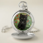 Gustav Klimt Kitten Pocket Watch<br><div class="desc">Pocket Watch featuring a Gustav Klimt kitten! This black kitty wears a silver collar and sits in a field of red,  blue,  white,  and yellow flowers. A wonderful gift for cat lovers and Austrian art enthusiasts!</div>