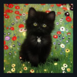 Gustav Klimt Kitten Poster<br><div class="desc">Poster featuring a Gustav Klimt kitten! This black kitty wears a silver collar and sits in a field of red,  blue,  white,  and yellow flowers. A wonderful gift for cat lovers and Austrian art enthusiasts!</div>