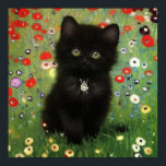 Gustav Klimt Kitten Poster<br><div class="desc">Poster featuring a Gustav Klimt kitten! This black kitty wears a silver collar and sits in a field of red,  blue,  white,  and yellow flowers. A wonderful gift for cat lovers and Austrian art enthusiasts!</div>