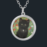 Gustav Klimt Kitten Silver Plated Necklace<br><div class="desc">Necklace featuring a Gustav Klimt kitten! This black kitty wears a silver collar and sits in a field of red,  blue,  white,  and yellow flowers. A wonderful gift for cat lovers and Austrian art enthusiasts!</div>