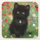 Gustav Klimt Kitten Square Paper Coaster<br><div class="desc">Paper Coasters featuring a Gustav Klimt kitten! This black kitty wears a silver collar and sits in a field of red,  blue,  white,  and yellow flowers. A wonderful gift for cat lovers and Austrian art enthusiasts!</div>