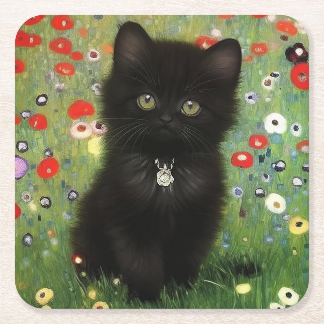 Gustav Klimt Kitten Square Paper Coaster (Front)