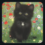 Gustav Klimt Kitten Square Sticker<br><div class="desc">Stickers featuring a Gustav Klimt kitten! This black kitty wears a silver collar and sits in a field of red,  blue,  white,  and yellow flowers. A wonderful gift for cat lovers and Austrian art enthusiasts!</div>