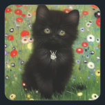 Gustav Klimt Kitten Square Sticker<br><div class="desc">Stickers featuring a Gustav Klimt kitten! This black kitty wears a silver collar and sits in a field of red,  blue,  white,  and yellow flowers. A wonderful gift for cat lovers and Austrian art enthusiasts!</div>