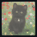 Gustav Klimt Kitten Stone Coaster<br><div class="desc">Stone Coaster featuring a Gustav Klimt kitten! This black kitty wears a silver collar and sits in a field of red,  blue,  white,  and yellow flowers. A wonderful gift for cat lovers and Austrian art enthusiasts!</div>
