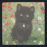 Gustav Klimt Kitten Stone Coaster<br><div class="desc">Stone Coaster featuring a Gustav Klimt kitten! This black kitty wears a silver collar and sits in a field of red,  blue,  white,  and yellow flowers. A wonderful gift for cat lovers and Austrian art enthusiasts!</div>