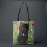Gustav Klimt Kitten Tote Bag<br><div class="desc">Tote Bag featuring a Gustav Klimt kitten! This black kitty wears a silver collar and sits in a field of red,  blue,  white,  and yellow flowers. A wonderful gift for cat lovers and Austrian art enthusiasts!</div>