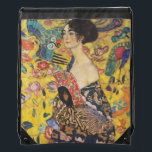 Gustav Klimt Lady With Fan Art Nouveau Painting Drawstring Bag<br><div class="desc">Gustav Klimt Lady With Fan Art Nouveau Painting This half portrait of a beautiful woman shows a yellow background with asiatic ornaments, colorful birds and lotus flowers. The lady wears a dress in the style of a kimono imprinted with motives of a Chinese dragon dress. Beautiful artistic romantic decorative fine...</div>