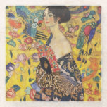Gustav Klimt Lady With Fan Art Nouveau Painting Glass Coaster<br><div class="desc">Gustav Klimt Lady With Fan Art Nouveau Painting This half portrait of a beautiful woman shows a yellow background with asiatic ornaments, colorful birds and lotus flowers. The lady wears a dress in the style of a kimono imprinted with motives of a Chinese dragon dress. Beautiful artistic romantic decorative fine...</div>
