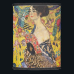 Gustav Klimt Lady With Fan Art Nouveau Painting Lamp Shade<br><div class="desc">Gustav Klimt Lady With Fan Art Nouveau Painting This half portrait of a beautiful woman shows a yellow background with asiatic ornaments, colorful birds and lotus flowers. The lady wears a dress in the style of a kimono imprinted with motives of a Chinese dragon dress. Beautiful artistic romantic decorative fine...</div>