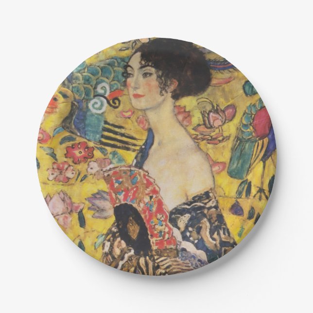 Gustav Klimt Lady With Fan Art Nouveau Painting Paper Plates (Front)