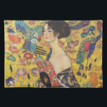 Gustav Klimt Lady With Fan Art Nouveau Painting Placemat<br><div class="desc">Gustav Klimt Lady With Fan Art Nouveau Painting This half portrait of a beautiful woman shows a yellow background with asiatic ornaments, colorful birds and lotus flowers. The lady wears a dress in the style of a kimono imprinted with motives of a Chinese dragon dress. Beautiful artistic romantic decorative fine...</div>