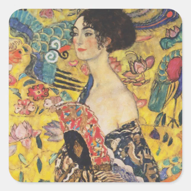 Gustav Klimt Lady With Fan Art Nouveau Painting Square Sticker | Zazzle