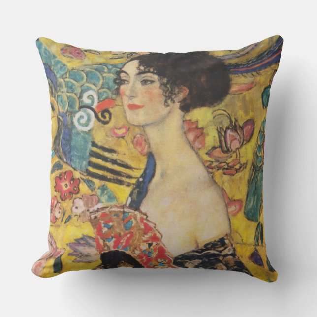 Gustav Klimt Lady With Fan Art Nouveau Painting Throw Pillow (Front)