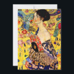 Gustav Klimt Lady with Fan Invitation<br><div class="desc">Card featuring Gustav Klimt’s oil painting Lady with Fan (1918). A woman wearing a blue kimono holds a red fan against a colorful yellow background of flowers and peacocks. A great gift for fans of Japonisme and European art.</div>