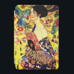 Gustav Klimt Lady with Fan iPad Mini Cover<br><div class="desc">iPad Cover featuring Gustav Klimt’s oil painting Lady with Fan (1918). A woman wearing a blue kimono holds a red fan against a colorful yellow background of flowers and peacocks. A great gift for fans of Japonisme and European art.</div>