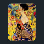 Gustav Klimt Lady with Fan Magnet<br><div class="desc">Magnet featuring Gustav Klimt’s oil painting Lady with Fan (1918). A woman wearing a blue kimono holds a red fan against a colorful yellow background of flowers and peacocks. A great gift for fans of Japonisme and European art.</div>