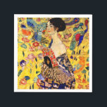 Gustav Klimt Lady with Fan Napkins<br><div class="desc">Napkins featuring Gustav Klimt’s oil painting Lady with Fan (1918). A woman wearing a blue kimono holds a red fan against a colorful yellow background of flowers and peacocks. A great gift for fans of Japonisme and European art.</div>