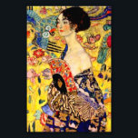 Gustav Klimt Lady with Fan Photo Print<br><div class="desc">Photo Print featuring Gustav Klimt’s oil painting Lady with Fan (1918). A woman wearing a blue kimono holds a red fan against a colorful yellow background of flowers and peacocks. A great gift for fans of Japonisme and European art.</div>