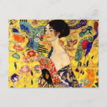 Gustav Klimt Lady with Fan Postcard<br><div class="desc">Postcard featuring Gustav Klimt’s oil painting Lady with Fan (1918). A woman wearing a blue kimono holds a red fan against a colorful yellow background of flowers and peacocks. A great gift for fans of Japonisme and European art.</div>