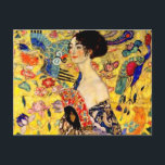 Gustav Klimt Lady with Fan Postcard<br><div class="desc">Postcard featuring Gustav Klimt’s oil painting Lady with Fan (1918). A woman wearing a blue kimono holds a red fan against a colorful yellow background of flowers and peacocks. A great gift for fans of Japonisme and European art.</div>