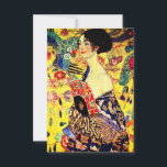 Gustav Klimt Lady with Fan RSVP Card<br><div class="desc">Card featuring Gustav Klimt’s oil painting Lady with Fan (1918). A woman wearing a blue kimono holds a red fan against a colorful yellow background of flowers and peacocks. A great gift for fans of Japonisme and European art.</div>
