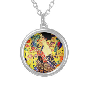 Gustav Klimt Lady with Fan Silver Plated Necklace