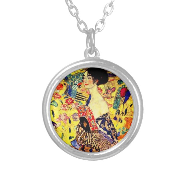 Gustav Klimt Lady with Fan Silver Plated Necklace (Front)