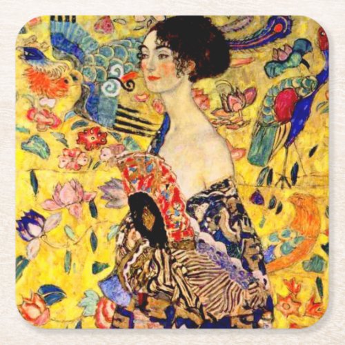 Gustav Klimt Lady with Fan Square Paper Coaster