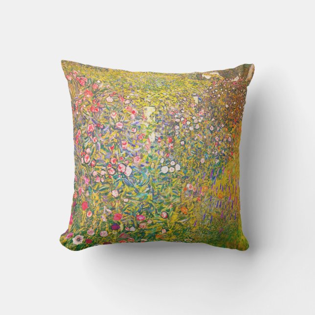 Gustav Klimt Pink Flowers Throw Pillow (Front)