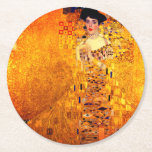 Gustav Klimt Portrait of Adele Bloch Bauer Round Paper Coaster<br><div class="desc">Paper Coasters featuring Gustav Klimt’s oil painting Portrait of Adele Bloch Bauer I (1907). A beautiful woman wears a golden and geometric dress in front of a gold background. A great gift for fans of Art Nouveau and Austrian art.</div>