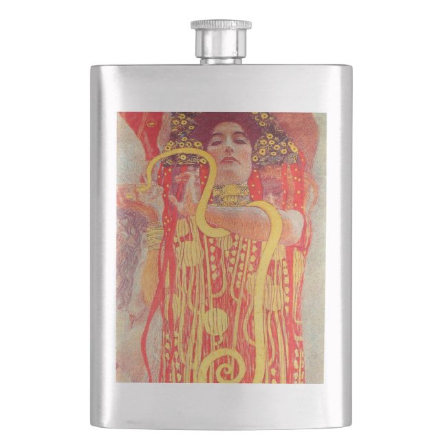 Gustav Klimt Red Woman Gold Snake Painting Flask (Front)