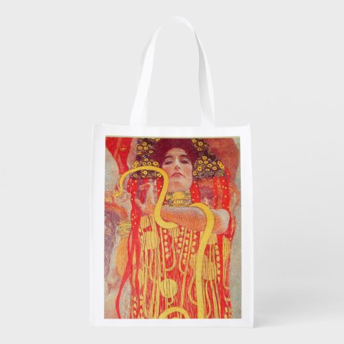 Gustav Klimt Red Woman Gold Snake Painting Grocery Bag