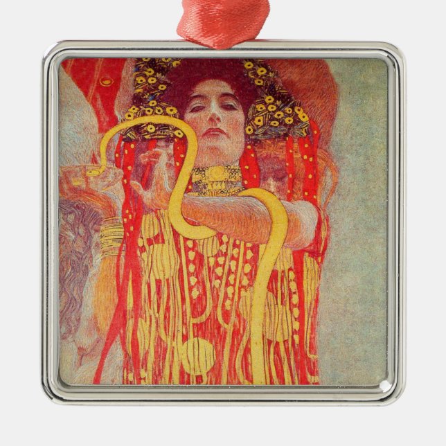 Gustav Klimt Red Woman Gold Snake Painting Metal Ornament (Front)