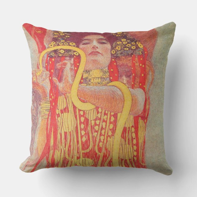 Gustav Klimt Red Woman Gold Snake Painting Outdoor Pillow (Front)