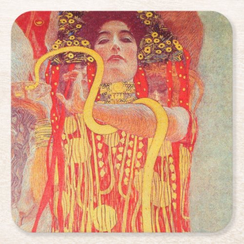 Gustav Klimt Red Woman Gold Snake Painting Square Paper Coaster