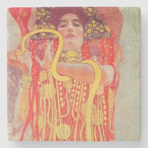 Gustav Klimt Red Woman Gold Snake Painting Stone Coaster