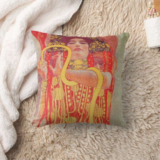 Gustav Klimt Red Woman Gold Snake Painting Throw Pillow (Blanket)