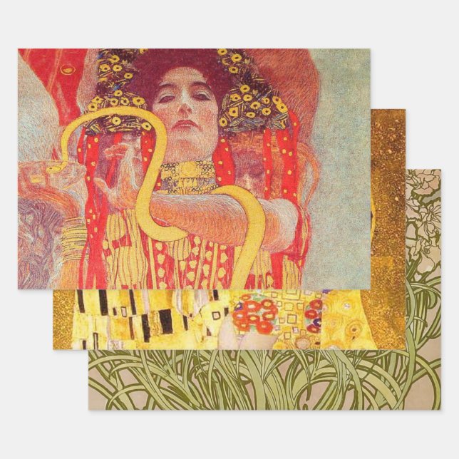 Gustav Klimt Red Woman Gold Snake Painting Wrapping Paper Sheets (Set)