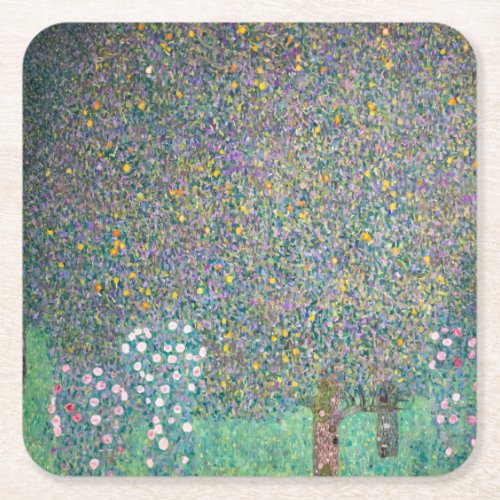 Gustav Klimt _ Rosebushes under the Trees Square Paper Coaster