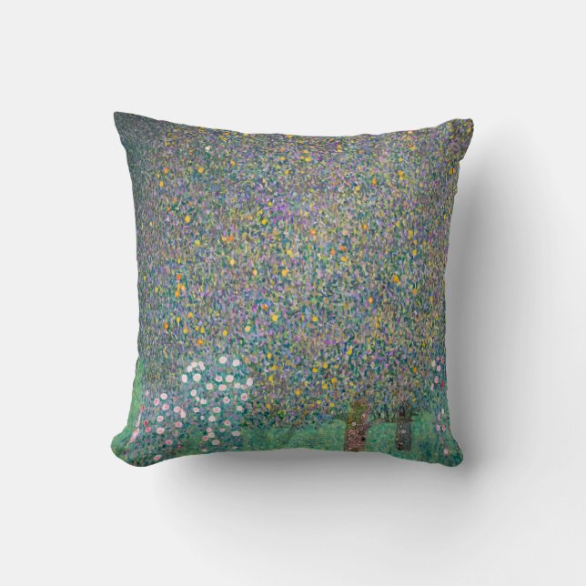 Gustav Klimt - Rosebushes under the Trees Throw Pillow (Front)