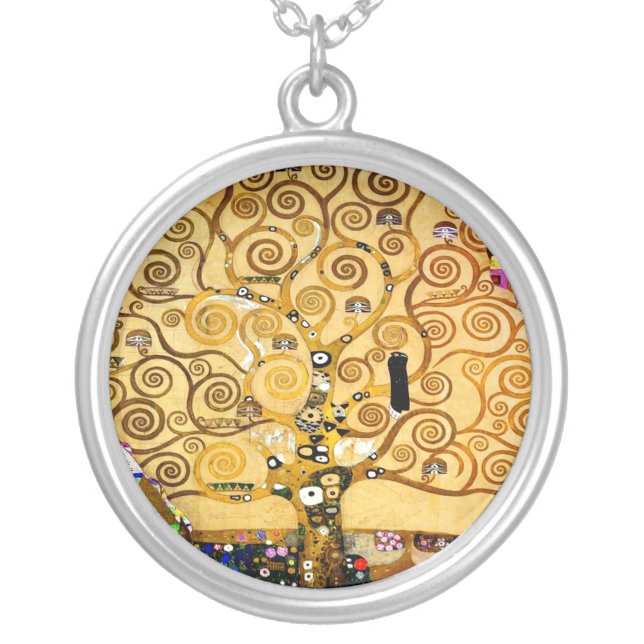 Gustav Klimt Tree of Life: Art Nouveau Symbolist Silver Plated Necklace (Front)