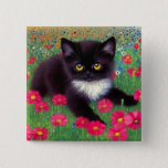 Gustav Klimt Tuxedo Cat Button<br><div class="desc">Button featuring a Gustav Klimt tuxedo cat! This adorable black and white kitty sits in a field of red,  blue,  white,  and orange flowers. An awesome gift for cat lovers and Austrian art enthusiasts!</div>