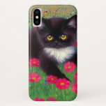 Gustav Klimt Tuxedo Cat iPhone X Case<br><div class="desc">iPhone Case featuring a Gustav Klimt tuxedo cat! This adorable black and white kitty sits in a field of red,  blue,  white,  and orange flowers. An awesome gift for cat lovers and Austrian art enthusiasts!</div>