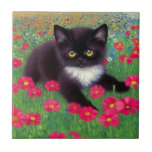 Gustav Klimt Tuxedo Cat Ceramic Tile<br><div class="desc">Ceramic Tile featuring a Gustav Klimt tuxedo cat! This adorable black and white kitty sits in a field of red,  blue,  white,  and orange flowers. An awesome gift for cat lovers and Austrian art enthusiasts!</div>