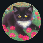 Gustav Klimt Tuxedo Cat Classic Round Sticker<br><div class="desc">Stickers featuring a Gustav Klimt tuxedo cat! This adorable black and white kitty sits in a field of red,  blue,  white,  and orange flowers. An awesome gift for cat lovers and Austrian art enthusiasts!</div>