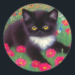 Gustav Klimt Tuxedo Cat Classic Round Sticker<br><div class="desc">Stickers featuring a Gustav Klimt tuxedo cat! This adorable black and white kitty sits in a field of red,  blue,  white,  and orange flowers. An awesome gift for cat lovers and Austrian art enthusiasts!</div>