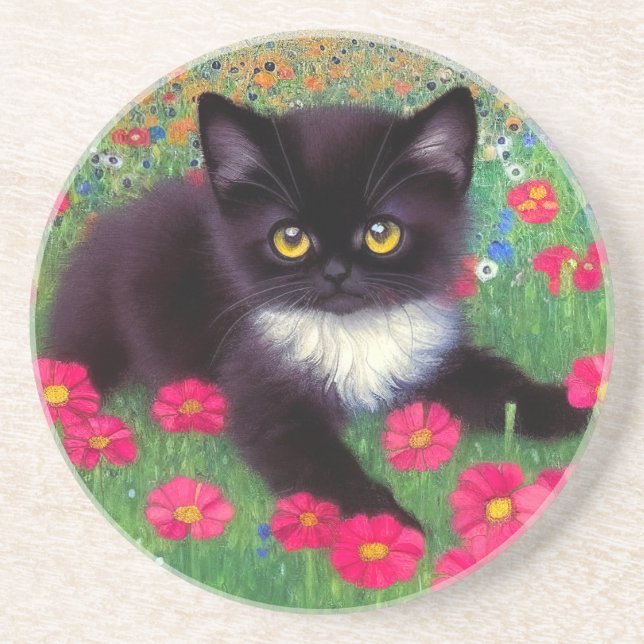 Gustav Klimt Tuxedo Cat Coaster (Front)