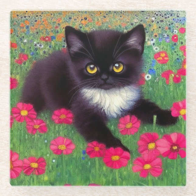 Gustav Klimt Tuxedo Cat Glass Coaster (Front)